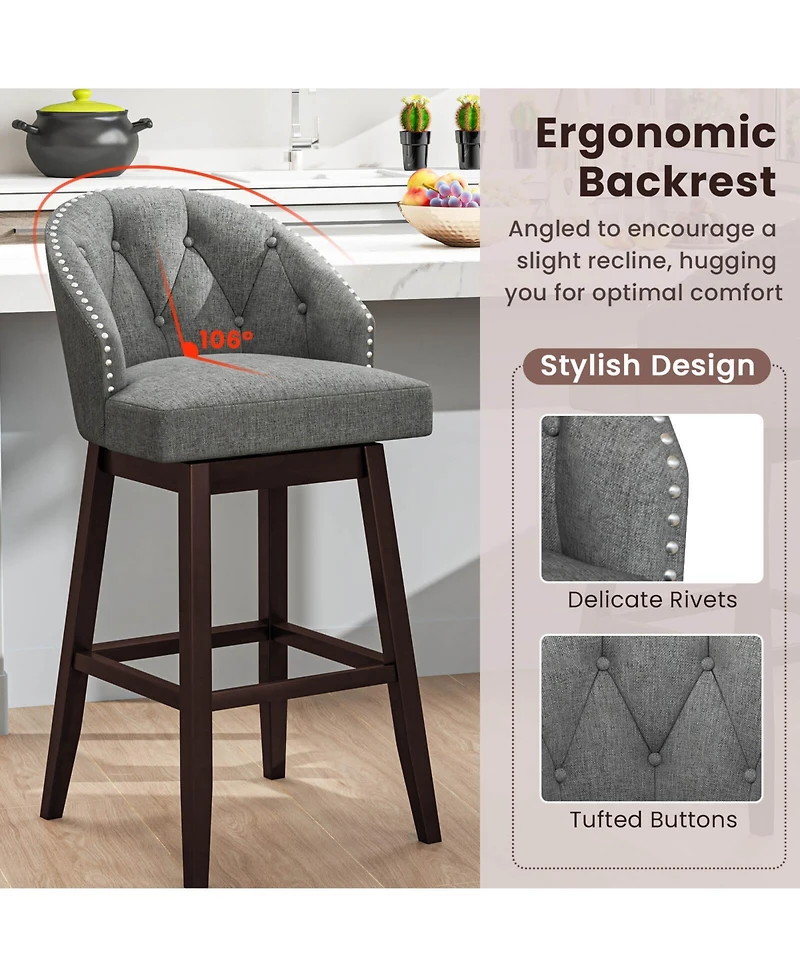 Costway 31" Bar Stools Set of 4 with Rubber Wood Frame Swivel Seat Footrest and Rivet