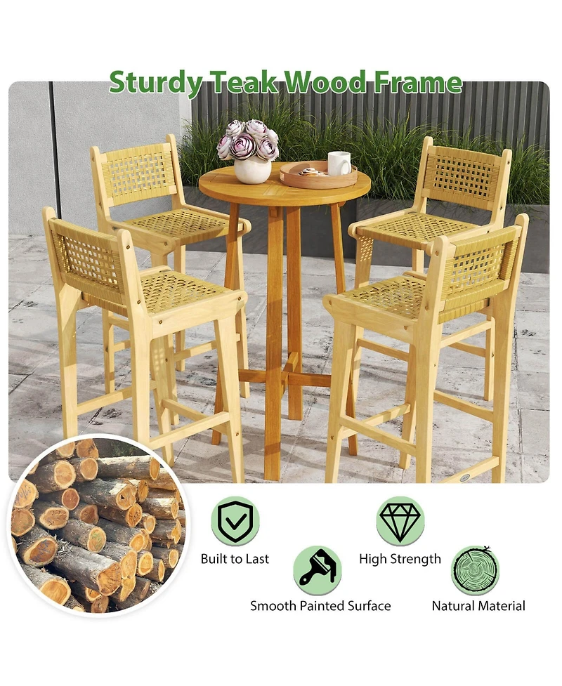 Costway Patio Teak Wood Bar Stool Outdoor Height Chair with Rattan Backrest and Seat