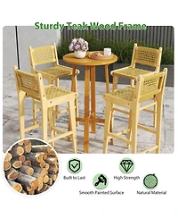 Costway Patio Teak Wood Bar Stool Outdoor Height Chair with Rattan Backrest and Seat