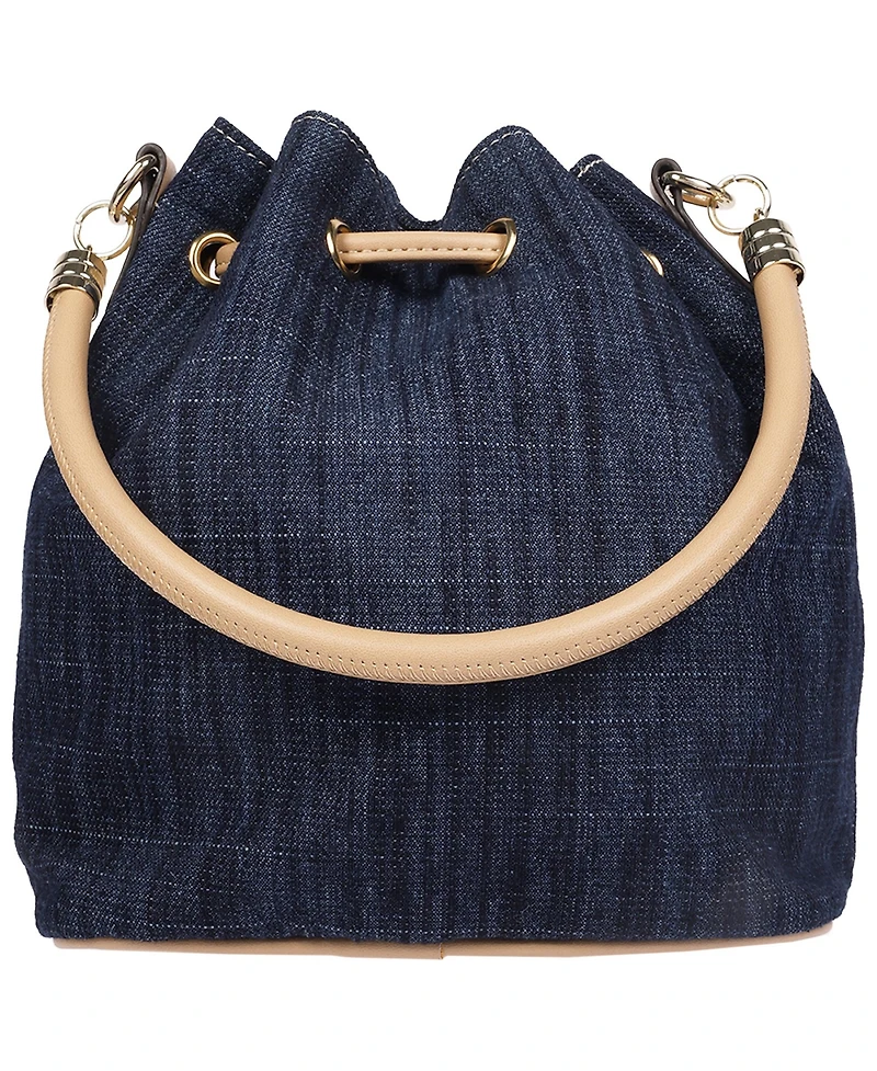 True Religion Bryce Denim and Pu Bucket Bag - Women s Designer Drawstring Bucket Handbag with Crossbody Strap