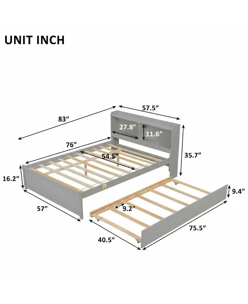 Sailvan Full Platform Bed with Trundle and Storage Bookcase Headboard, Solid Pine Wood