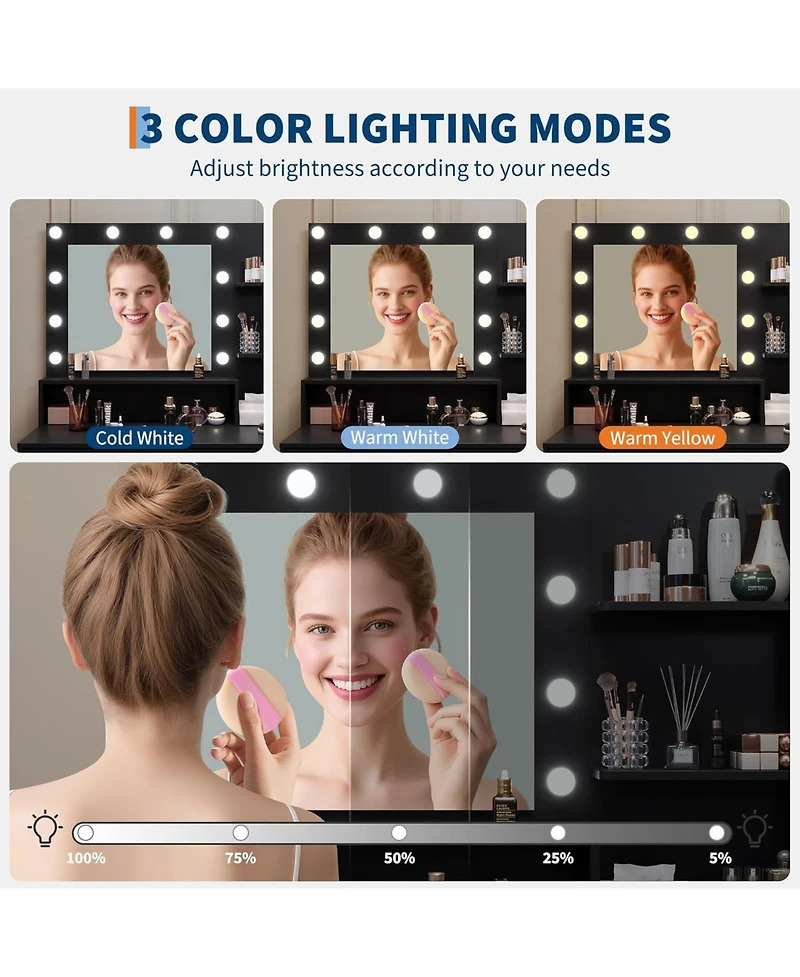 gaomon Vanity with Mirror, Three-Level Adjustable Lighting, Drawer Cabinet, Power Outlet and Stool Compact Design Ideal for Bedrooms Apartments