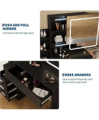 gaomon Vanity Set with Sliding Mirror,3-Level Dimmable Lighting, Stool,Power Outlet,HairdryerHolder,Storage Cabinet Open Shelves & 4 Drawers