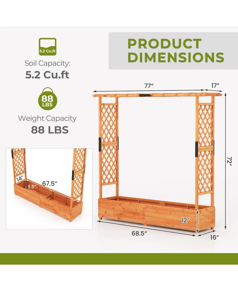 Gouun 77-Inch Raised Garden Bed with Arch Trellis and Hanging Roof