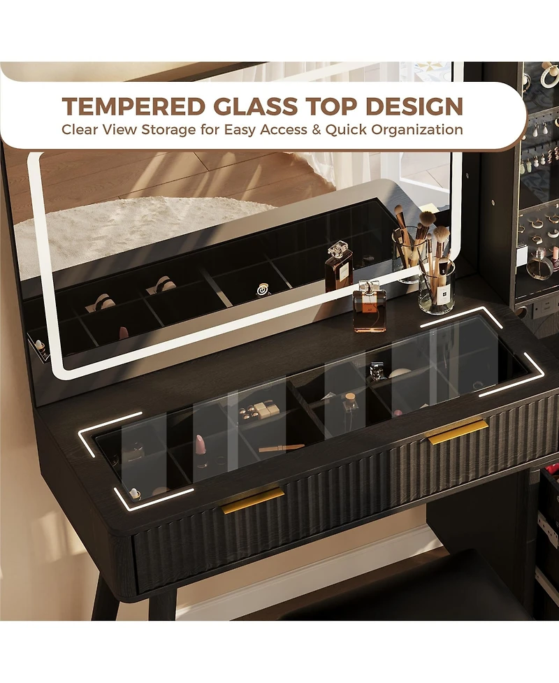 Homfan Vanity Desk with Lighted Mirror, Glass Top Dressing Table with Charging Station and Cushioned Storage Stool for Bedroom