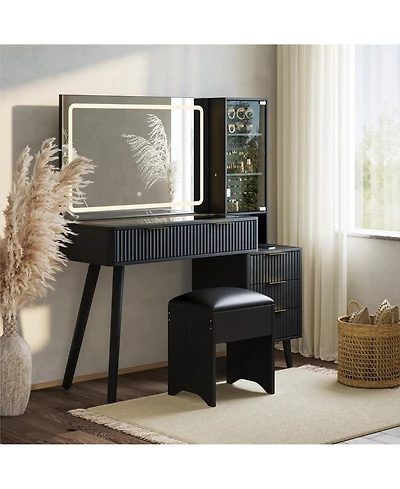 Homfan Vanity Desk with Lighted Mirror, Glass Top Dressing Table with Charging Station and Cushioned Storage Stool for Bedroom