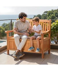 Sugift Outdoor Storage Bench 2-Person Wooden Storage Bench 33 Gallons Deck Box with Side Handle