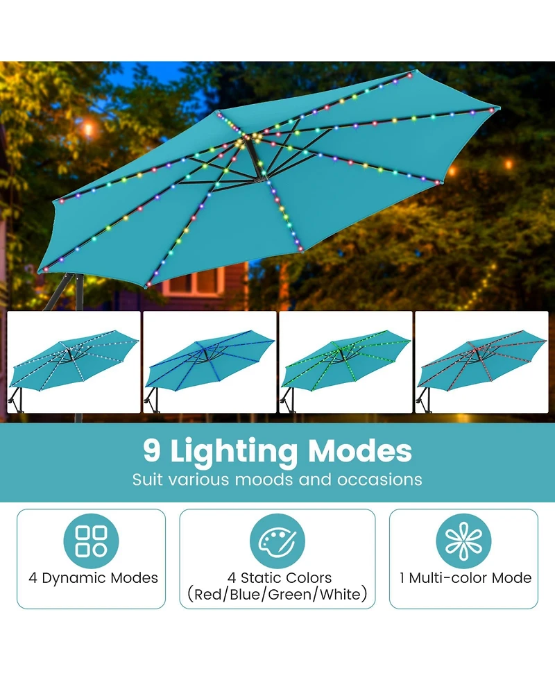 Sugift 10 Feet Solar Offset Hanging Umbrella with Base and Led Lights