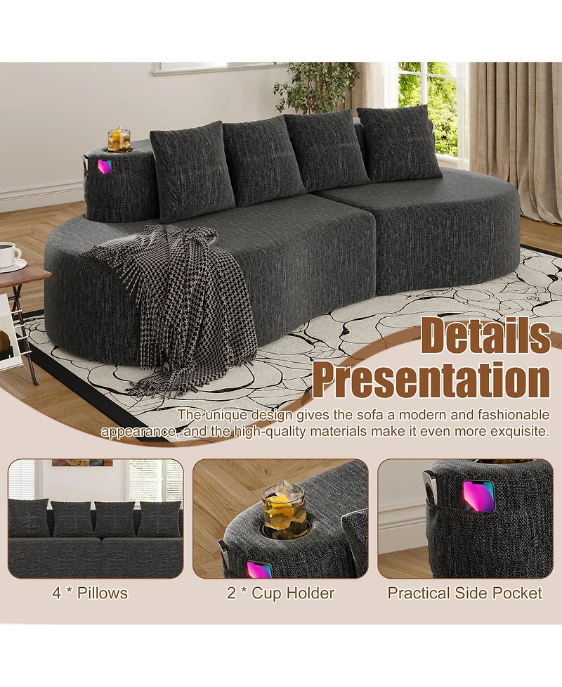 Rainsken 3-Person Modular Half Moon Sofa, Sleek Curved Sectional Couch with Chenille Fabric, Cup Holders and Side Storage Pockets for Living Room