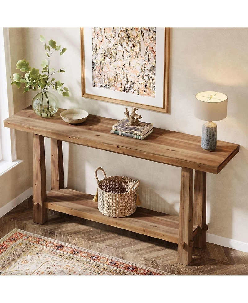 Tribesigns 63" Solid Console Table, Farmhouse 2-Tier Wood Entryway Sofa Table for Living Room, Hallway, Easy Assembly, Natural Rustic Brown