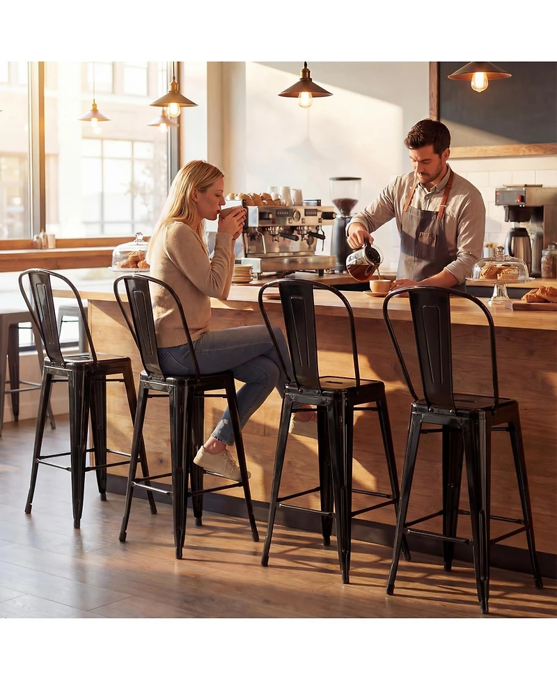 Gymax Metal Bar Stools Set of 4 24'' Counter Height Barstools with Backrests and Footrests