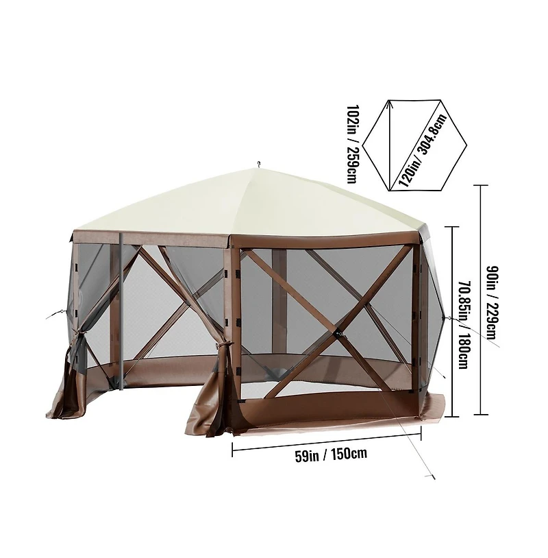 Sugift 10 x 10 ft Pop-Up Camping Gazebo Screen Tent 6 Sided Canopy Shelter for 8 People