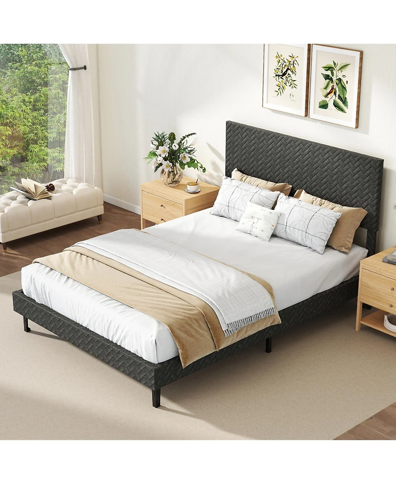 Slickblue Upholstered Velvet Platform Bed with Chevron Headboard