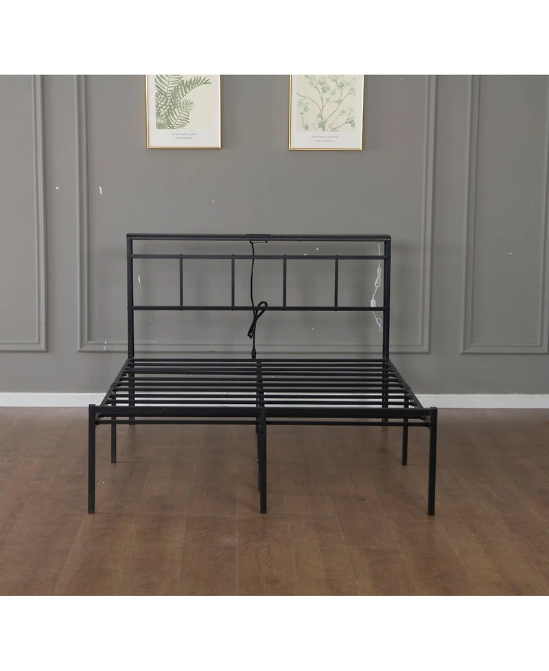 Lucky One 14 Inch Full Bed Frame with Storage Headboard, Metal Platform Bed Frame with Usb-c