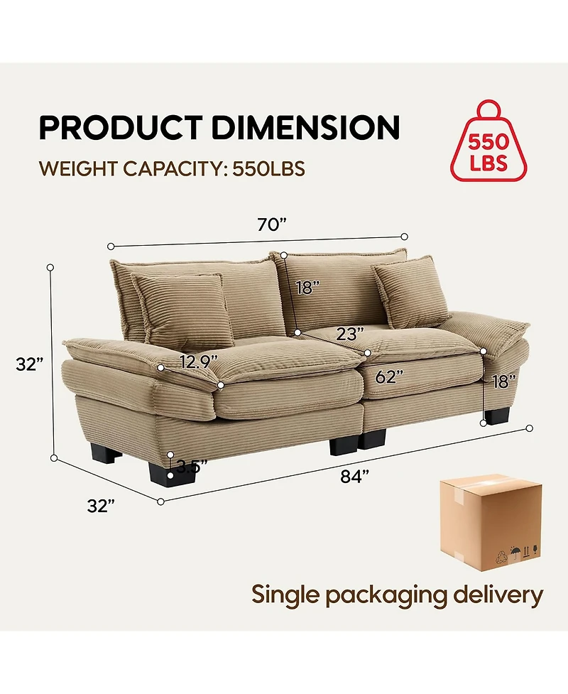 Rainsken 84" Plush Corduroy Loveseat Sofa, Stylish Deep Seat Upholstered Couch with 2 Pillows for Living Room, Apartment and Office