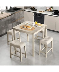 Gymax 5 Pcs Square Bar Table Set for 4 with Padded Stools Rubber Wood Legs for Kitchen