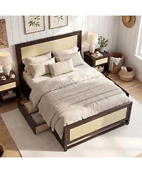 Slickblue Rattan Platform Bed Frame Full with Storage Drawers