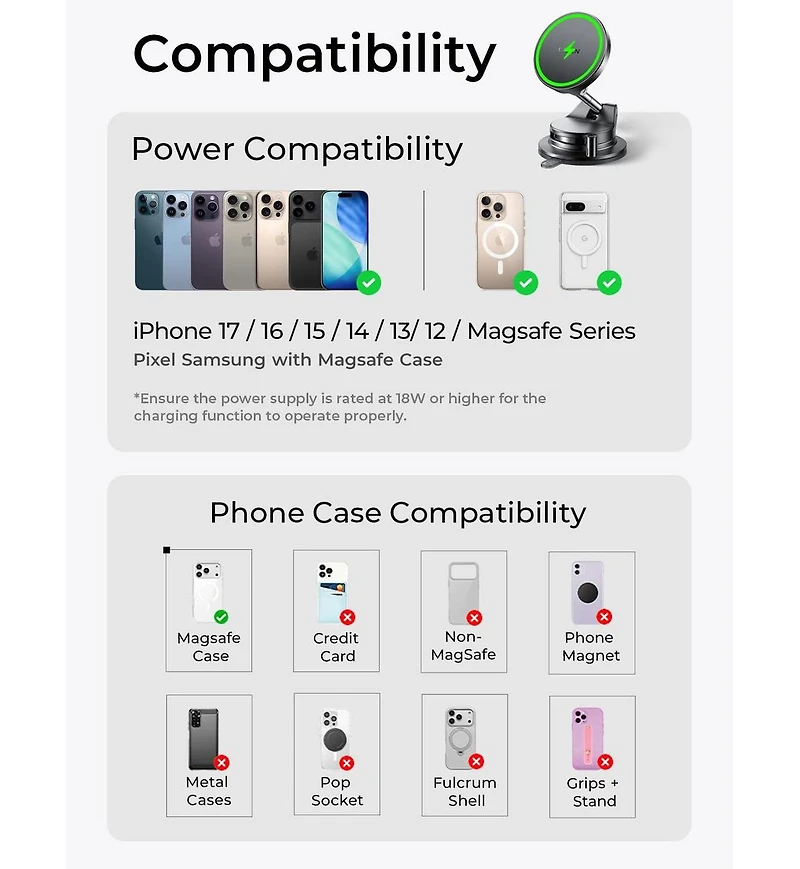 Lisen MagSafe Car Mount Charger with Suction Cup, 15W Wireless Magnetic Phone Holder, Dashboard Mount for iPhone 17/16/15/14/13, Samsung, Pixel