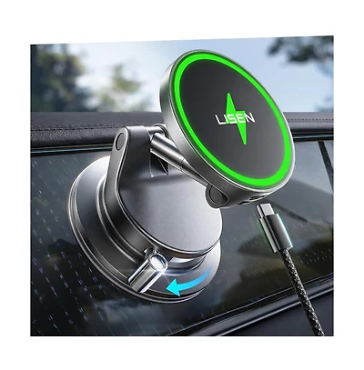 Lisen MagSafe Car Mount Charger with Suction Cup, 15W Wireless Magnetic Phone Holder, Dashboard Mount for iPhone 17/16/15/14/13, Samsung, Pixel