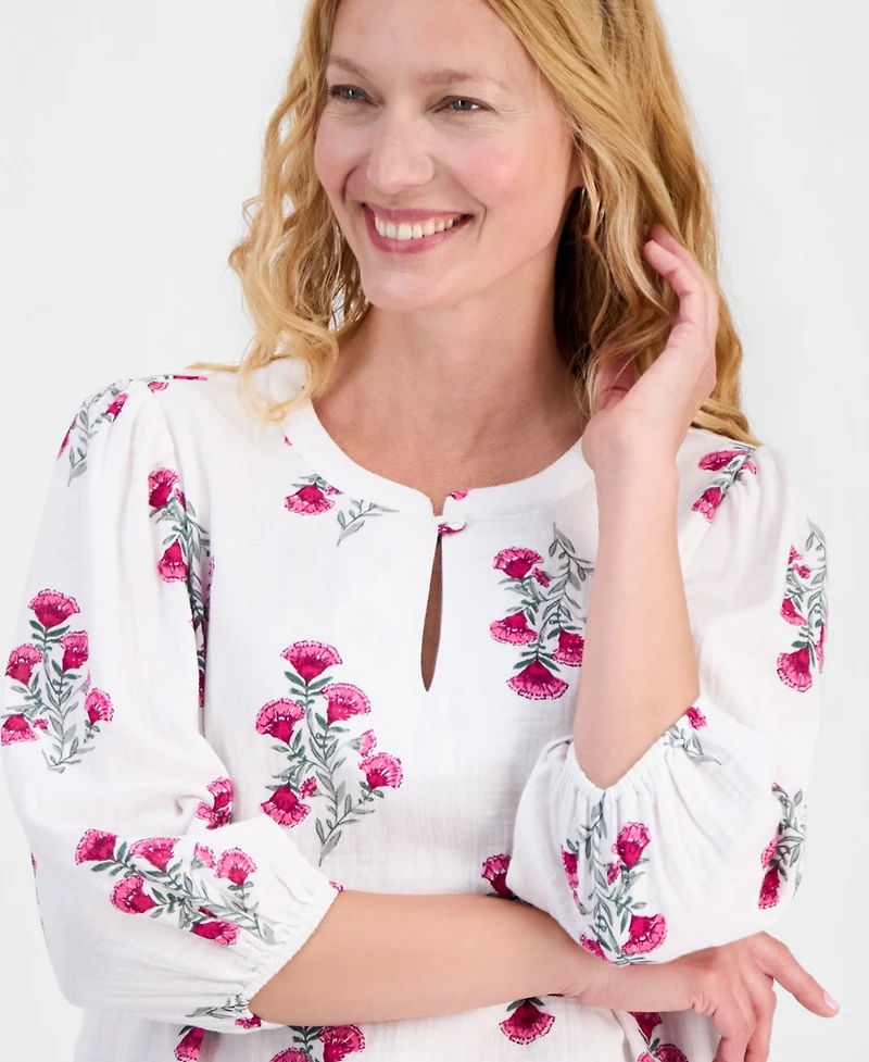 Style & Co Women's Printed Cotton Gauze 3/4-Sleeve Top, Macy's Exclusive