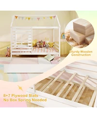Slickblue Wooden House Bed with Trundle and Roof Platform Frame