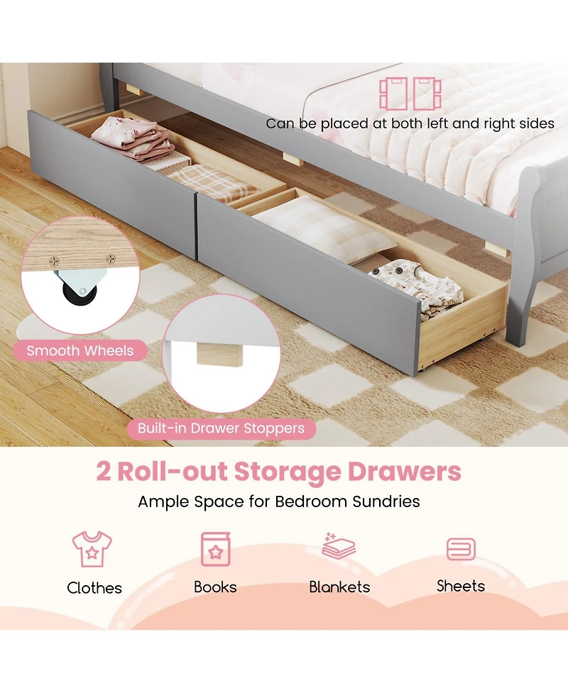 Slickblue Wood Sleigh Bed with Storage Drawers, Platform Frame Underbed