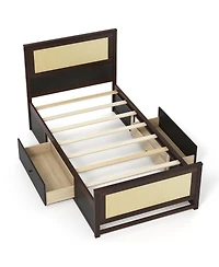 Slickblue Rattan Twin Bed Frame with Built-in Storage Drawers