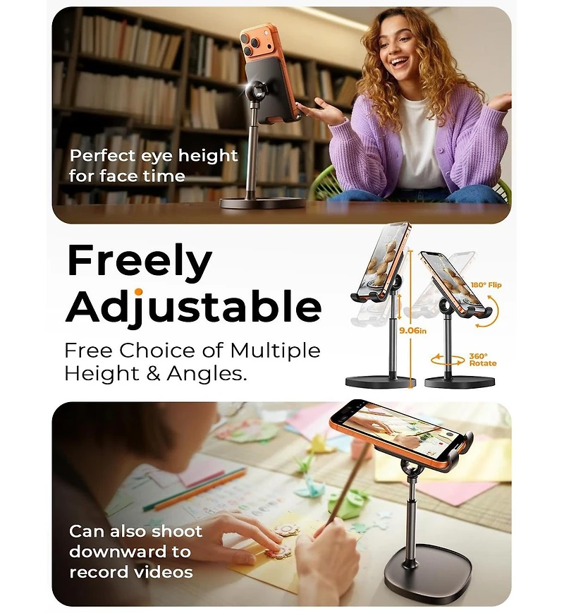 Lisen Adjustable Phone Stand for Desk, Aluminum Cell Phone Holder with Height and Angle Adjustment, Anti-Slip Base, Compatible with iPhone, iPad