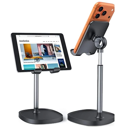 Lisen Adjustable Phone Stand for Desk, Aluminum Cell Phone Holder with Height and Angle Adjustment, Anti-Slip Base, Compatible with iPhone, iPad