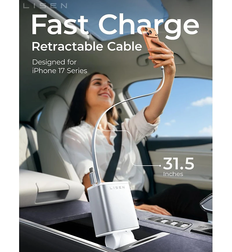 Lisen Retractable Car Charger 4-in-1, 75W Fast Charging Usb-c Car Adapter with Built-in Cables, Multi Device Charger for iPhone, Samsung, iPad