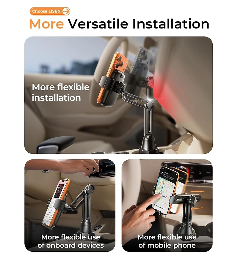 Lisen Car Cup Holder Phone Mount, Adj Long Neck 360degree(s) Phon Holder for Car, Stable Dashboard-Free Mount for iPhone, Samsung, Truck, Golf Cart
