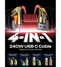 Lisen 2-Pack 240W 4-in-1 Charging Cable, Usb-c and Lightning Multi Charger Cable for All Devices, Fast Charging Cord for Travel, Home and Car