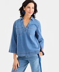 Style & Co Women's 3/4-Sleeve Denim Popover Top, Macy's Exclusive
