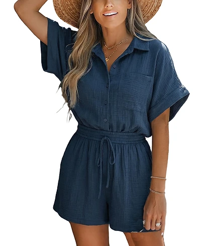 Cupshe Women's Button-Front Collared Short Sleeve Romper