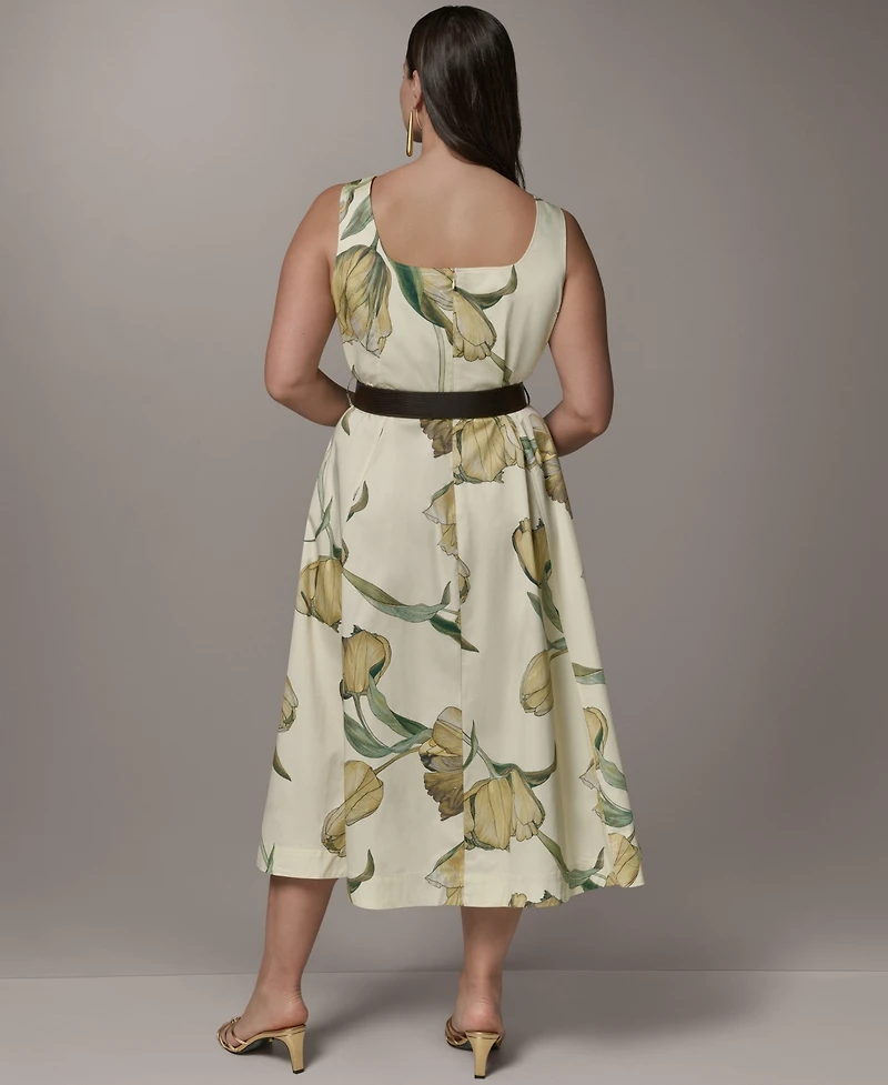 Donna Karan New York Plus Square Neck Belted Printed Midi Dress