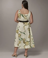 Donna Karan New York Plus Square Neck Belted Printed Midi Dress