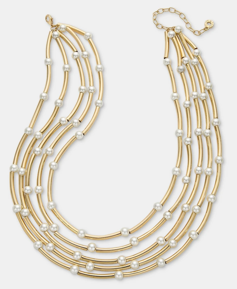 Anne Klein Gold-Tone Curbed Tube Faux Imitation Pearl Stationed Multi-Row Necklace