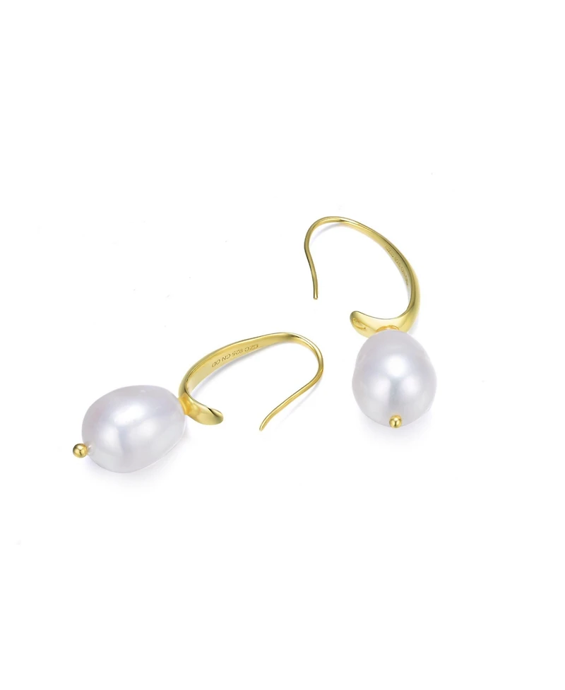 Classy Sterling Silver with 14K Gold Plating and Genuine Freshwater Pearl Dangling Earrings
