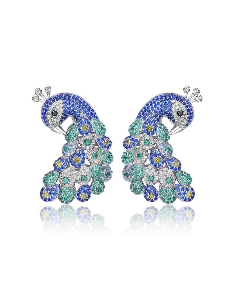 Sterling Silver White Gold Plated Blue and Green Cubic Zirconia "Peacock" Butterfly Earrings