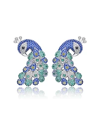 Sterling Silver White Gold Plated Blue and Green Cubic Zirconia "Peacock" Butterfly Earrings