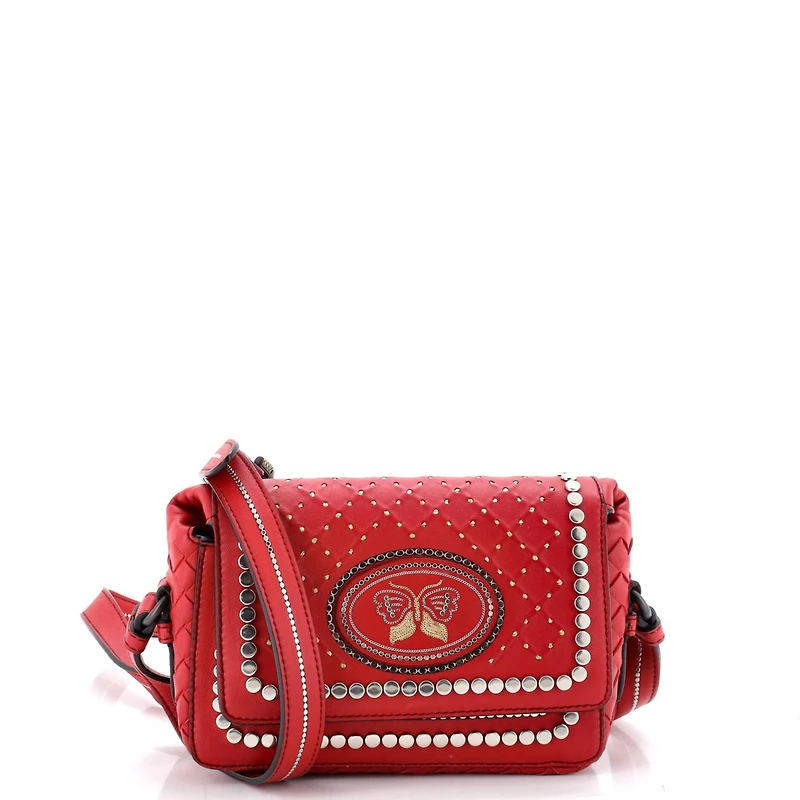 Pre-Owned Bottega Veneta Small Flap Crossbody Bag Studded Leather with Intrecciato Detail