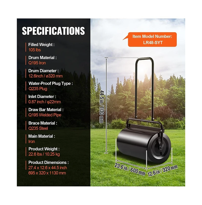 Sugift 13 Gallon Sand Water Filled Yard Roller Steel Push Pull Lawn Roller