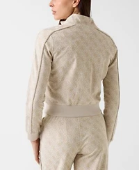 Guess Womens 4g All Over Jacquard High Neck Full Zip Jacket All Over Pattern Short Sleeve T Shirt Wide Leg Pants