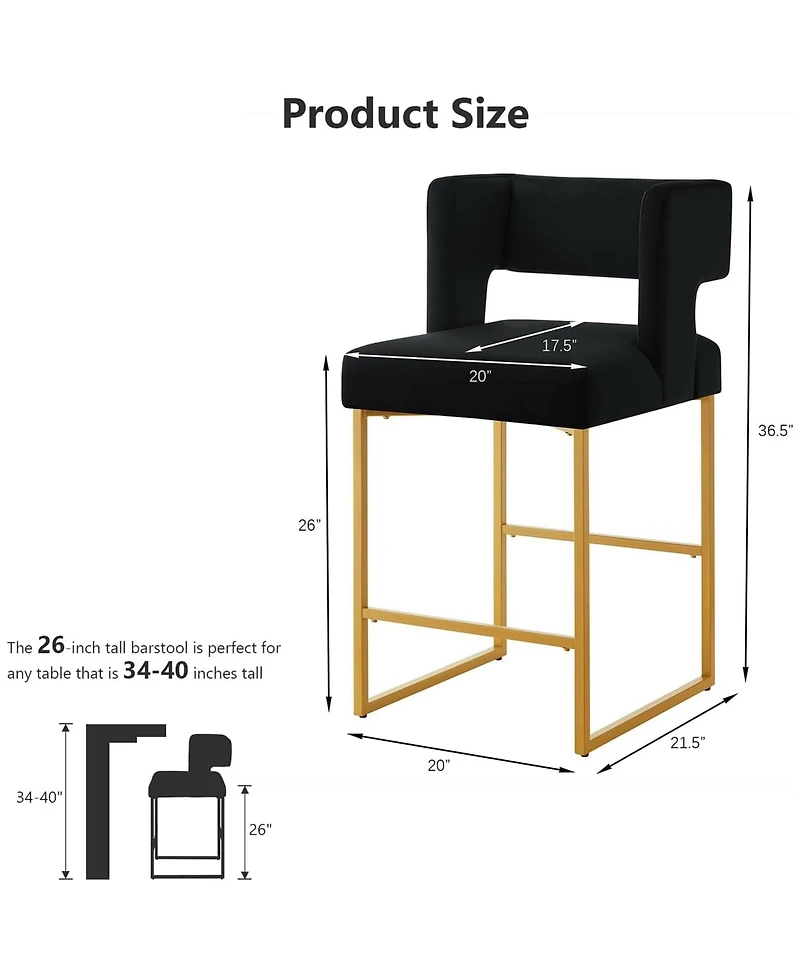 Rainsken 26" H Bar Stools Set of 2, Modern Fashion Counter Height Chairs with Square Open Backrest and Sturdy Iron Legs for Kitchen Island