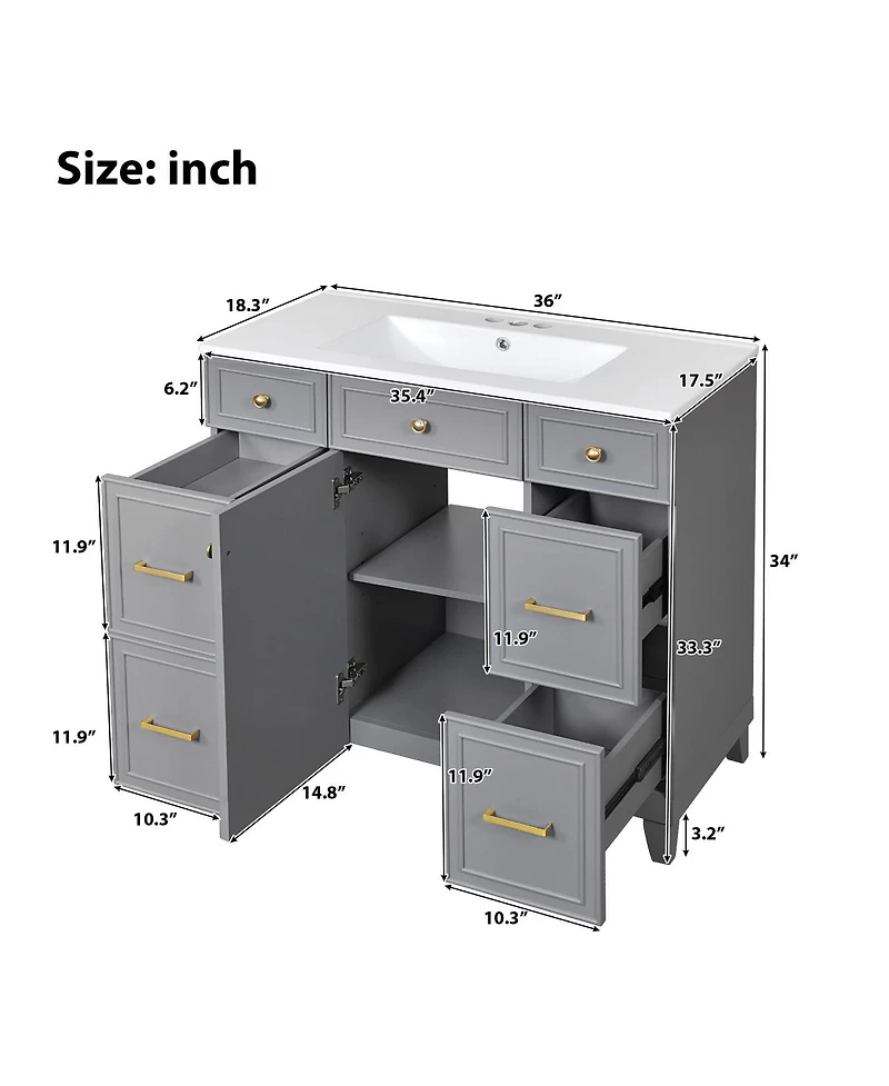 Sillysis 36 Inch Bathroom Vanity with Ceramic Sink, Solid Wood Frame, Ample Storage Drawers and Soft Close Door for Small Spaces