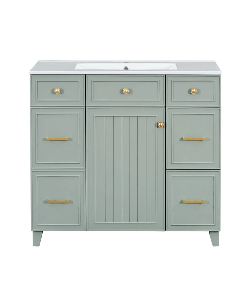 Sillysis 36 Inch Bathroom Vanity with Ceramic Sink, Solid Wood Frame, Ample Storage Drawers and Soft Close Door for Small Spaces