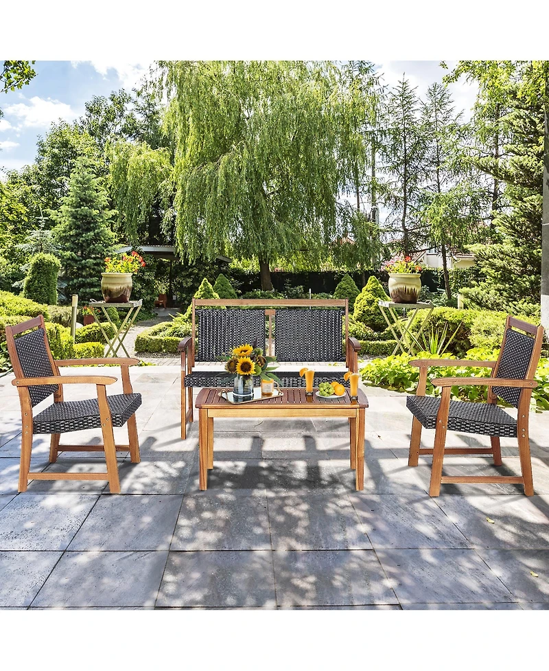 Costway 4 Pcs Patio Rattan Furniture Set Acacia Wood Frame Sofa Loveseat Garden