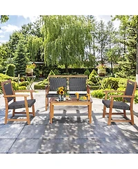 Costway 4 Pcs Patio Rattan Furniture Set Acacia Wood Frame Sofa Loveseat Garden