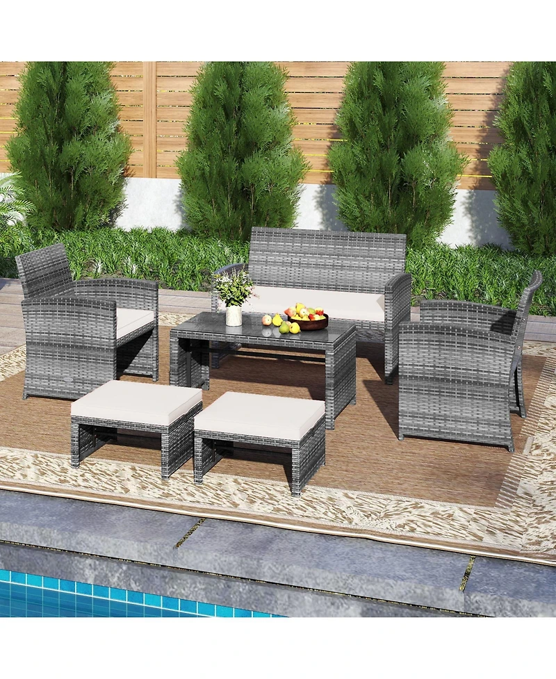 Sugift 6-Piece Outdoor Pe Rattan Sectional Sofa Set with Glass Coffee Table