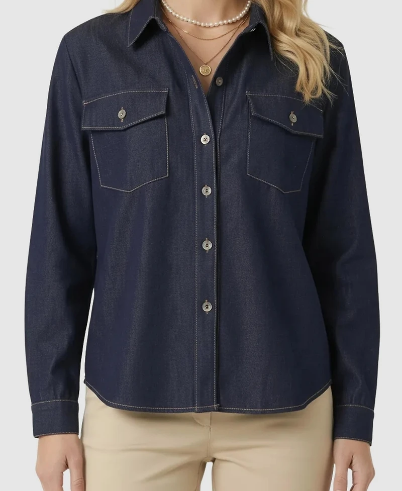 Modenaire Women's Denim Collared Button-Front Pocket Shirt